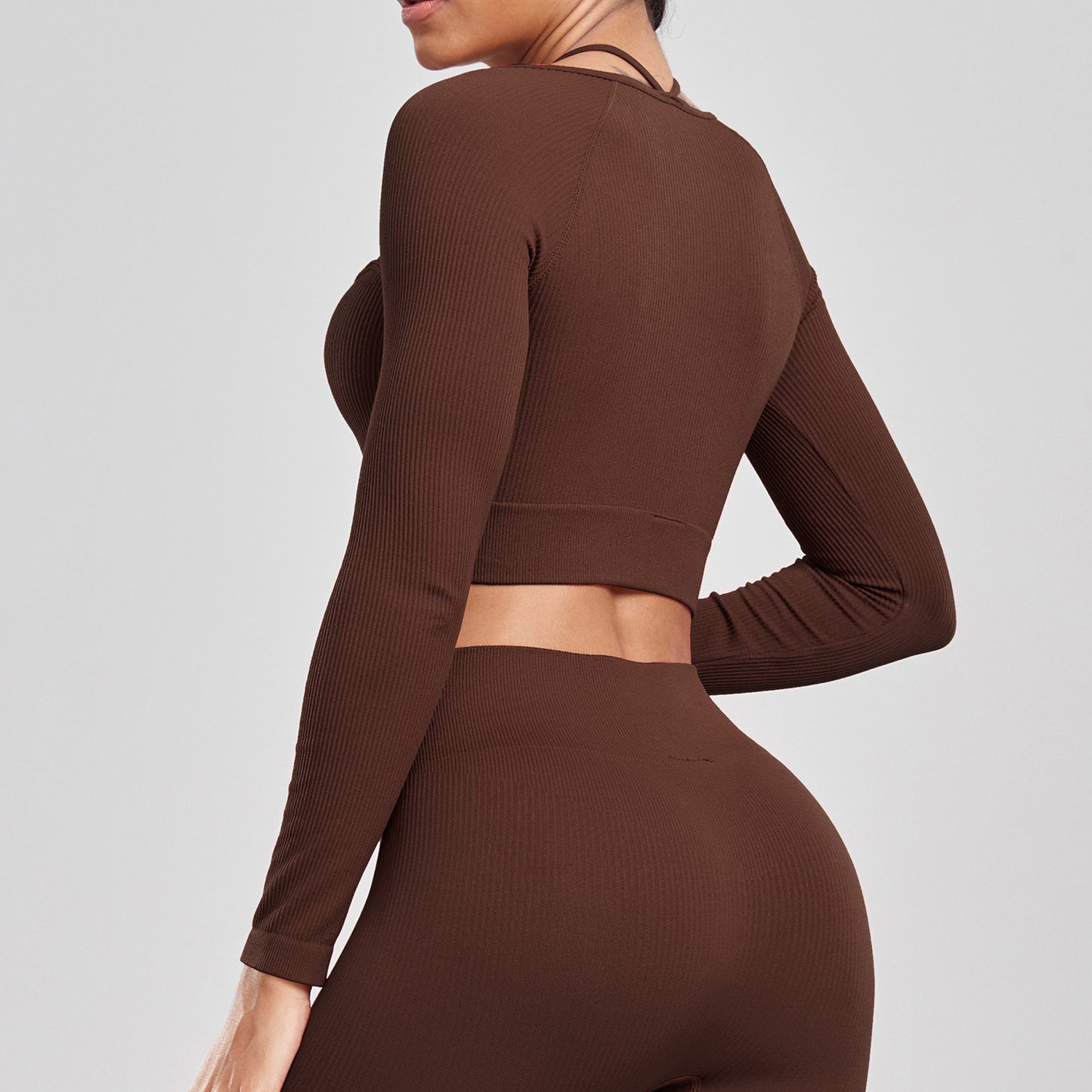 Sports Running Seamless Ribbed Long Sleeve Yoga Fitness Set, Bodycon High-Waisted Backless T-Shirt, Quick-Dry Workout Apparel