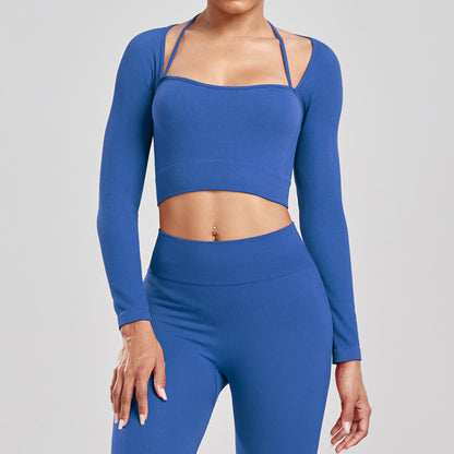 Sports Running Seamless Ribbed Long Sleeve Yoga Fitness Set, Bodycon High-Waisted Backless T-Shirt, Quick-Dry Workout Apparel