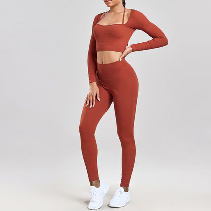 Sports Running Seamless Ribbed Long Sleeve Yoga Fitness Set, Bodycon High-Waisted Backless T-Shirt, Quick-Dry Workout Apparel