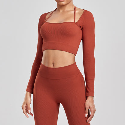 Sports Running Seamless Ribbed Long Sleeve Yoga Fitness Set, Bodycon High-Waisted Backless T-Shirt, Quick-Dry Workout Apparel